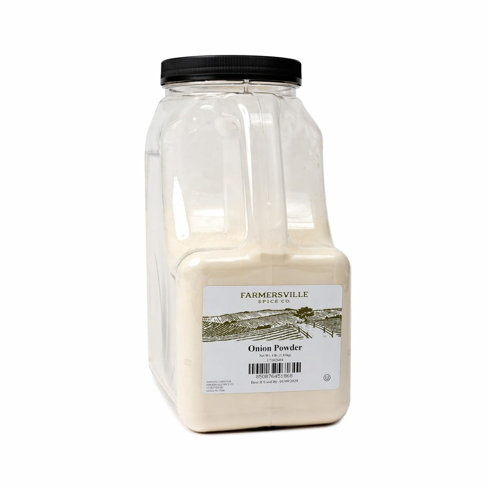 Farmersville Spice Co front packaging showing label and 4 lb jug, highlights bulk convenience