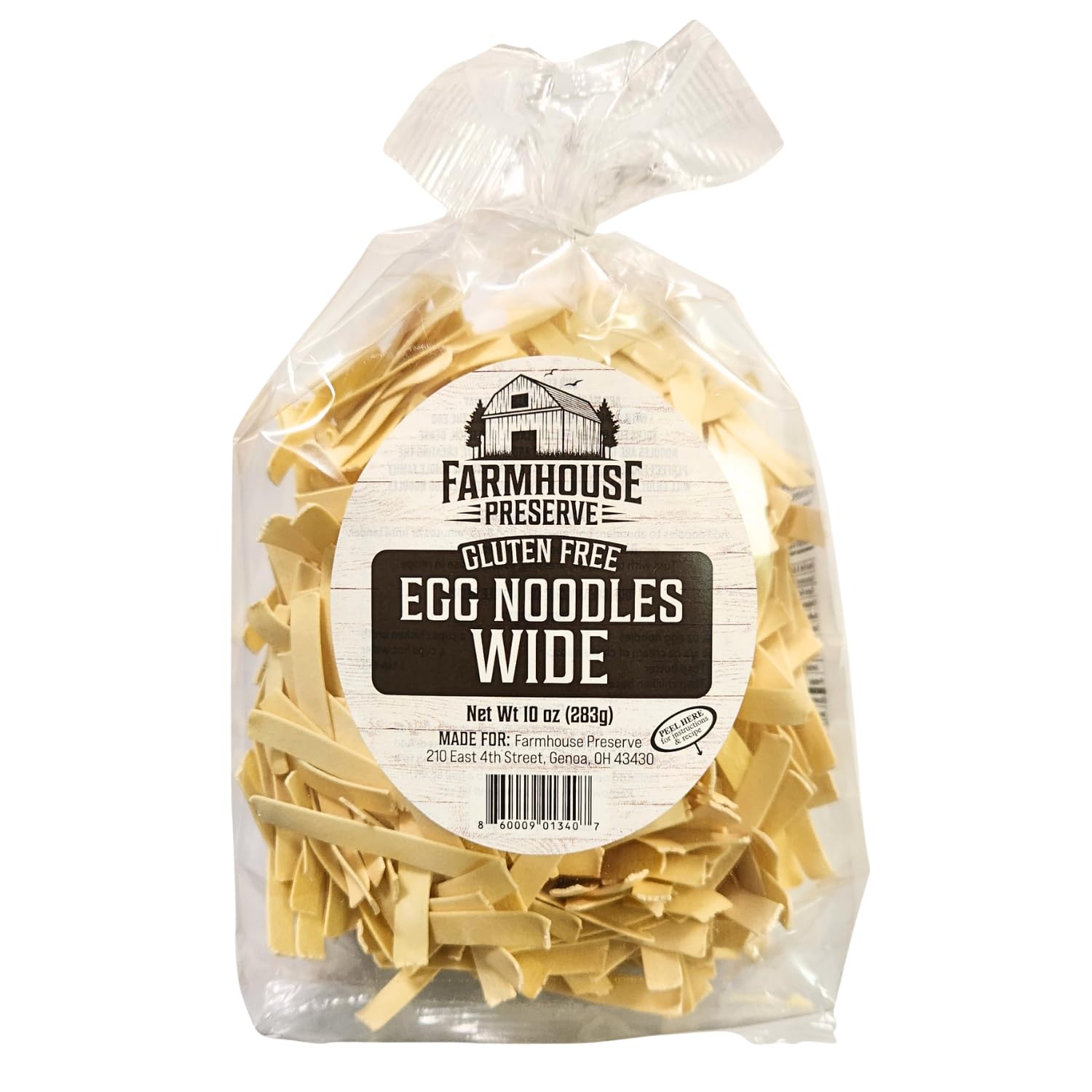 Farmhouse Preserve front packaging showing wide gluten free egg noodles and rich color benefit