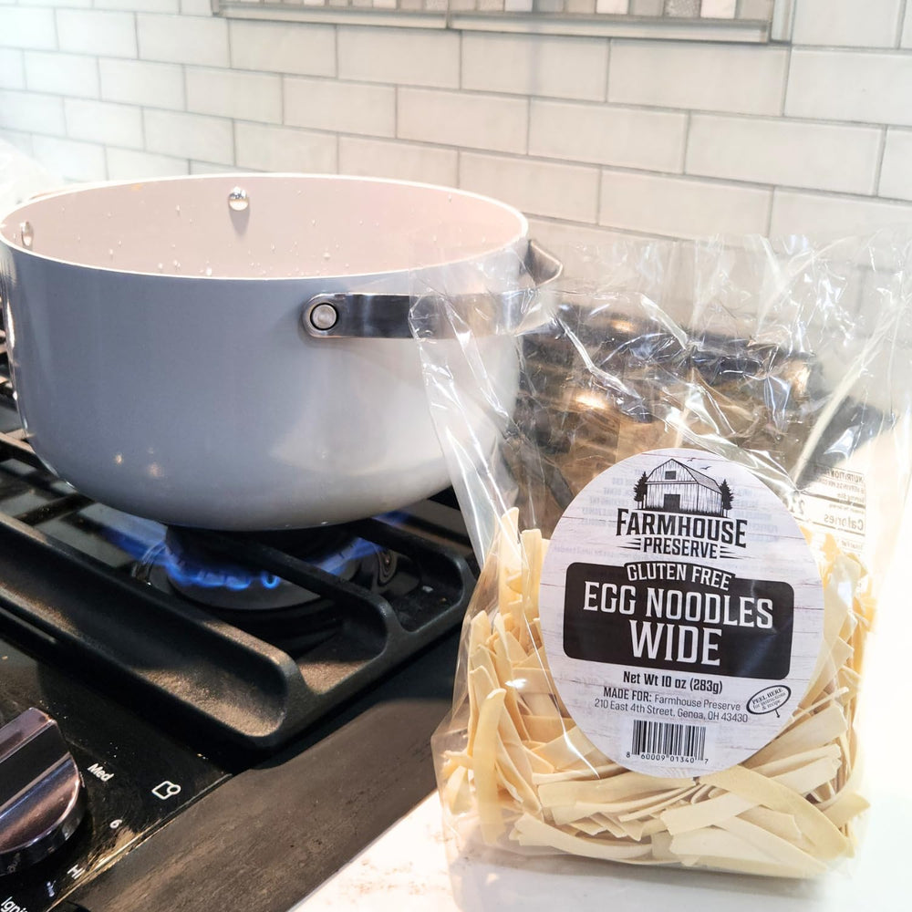 Farmhouse Preserve stroganoff plated with wide noodles showing sauce-holding benefit