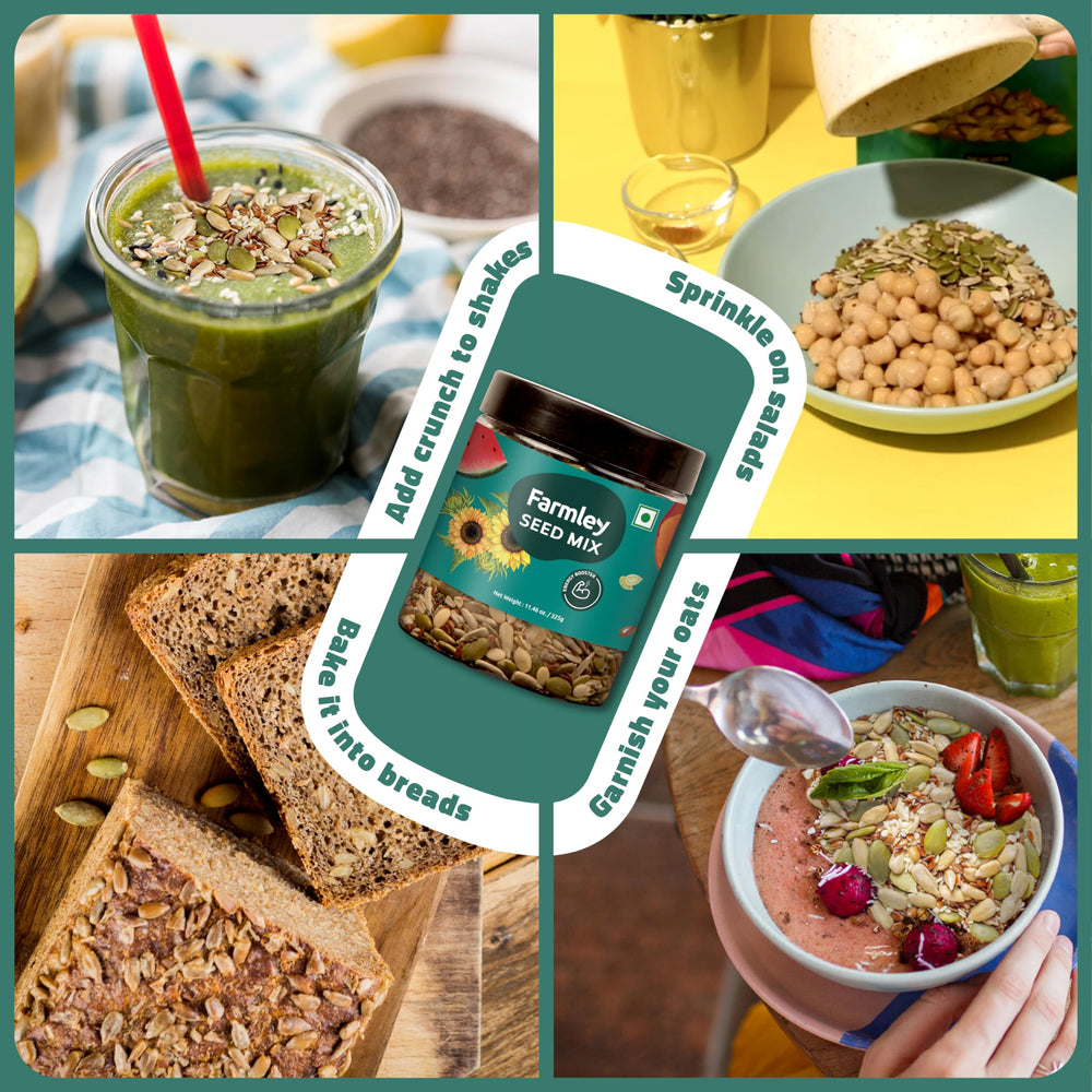 Farmley seeds sprinkled on oatmeal adding crunch and visual appeal
