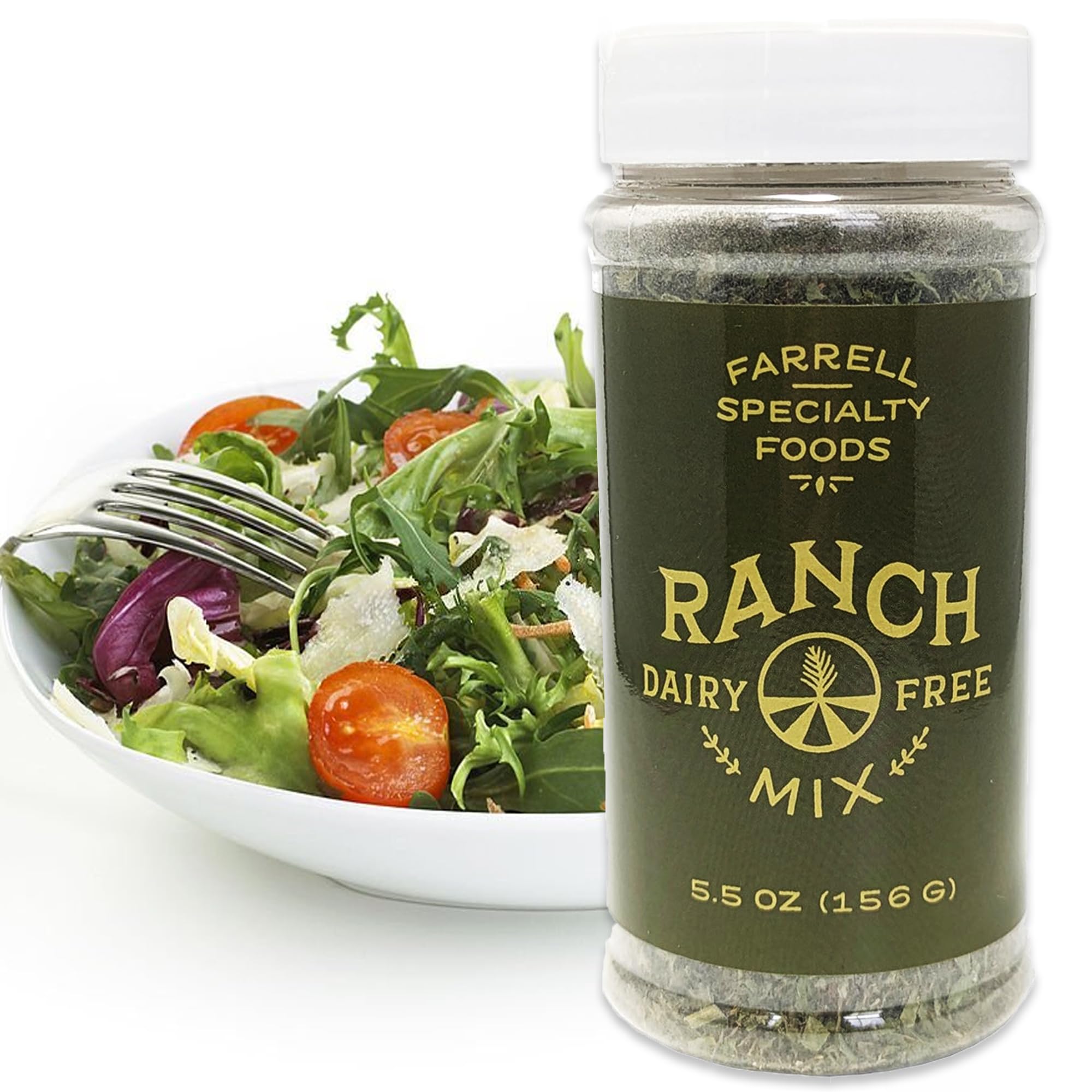 Farrell Specialty Foods front jar showing label and dairy-free ranch mix benefit: pantry-ready flavor