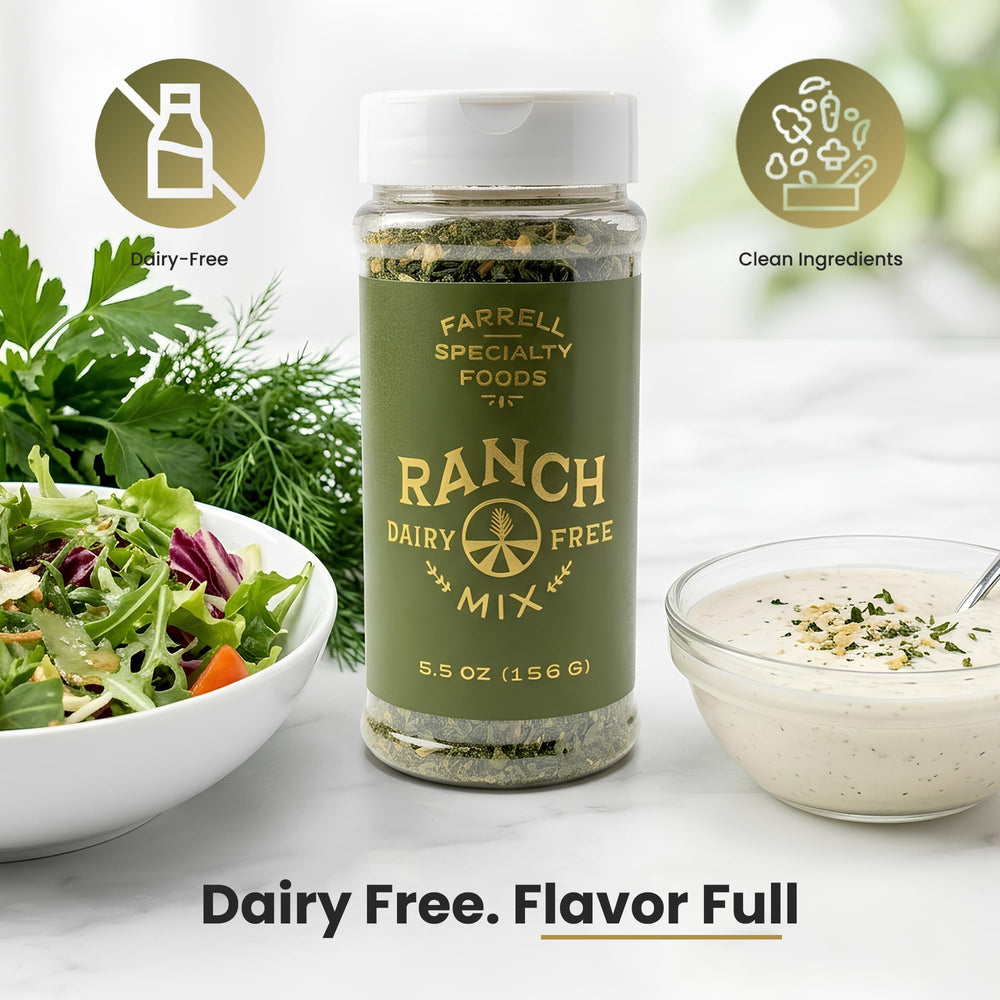 Farrell Specialty Foods bowl of ranch dip surrounded by vegetables showing snack-ready, allergen-free benefit