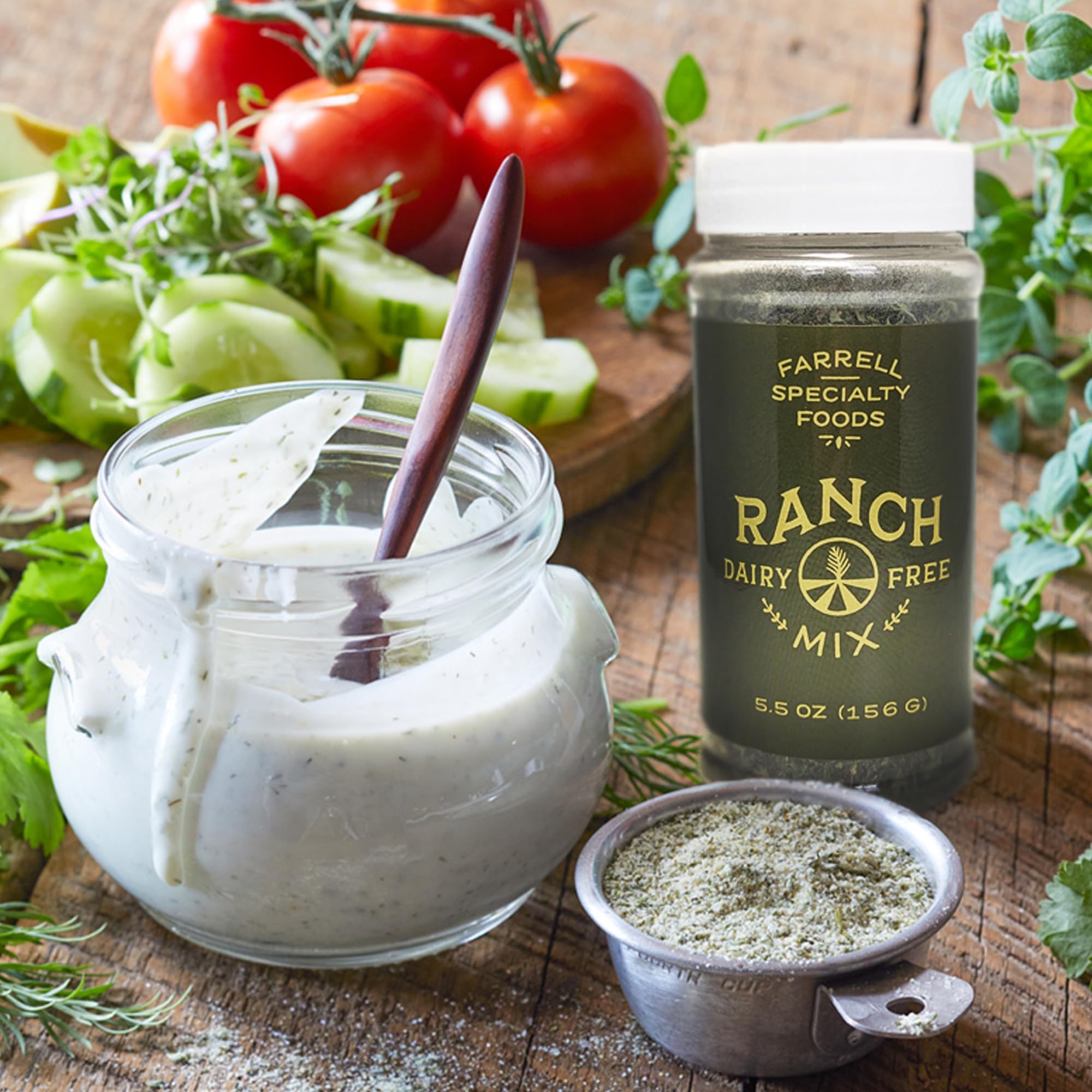 Farrell Specialty Foods label close-up showing herb list and manufacturing allergen controls benefit