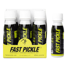 Fast Pickle front packaging showing six 3 oz shots and brand logo for convenience