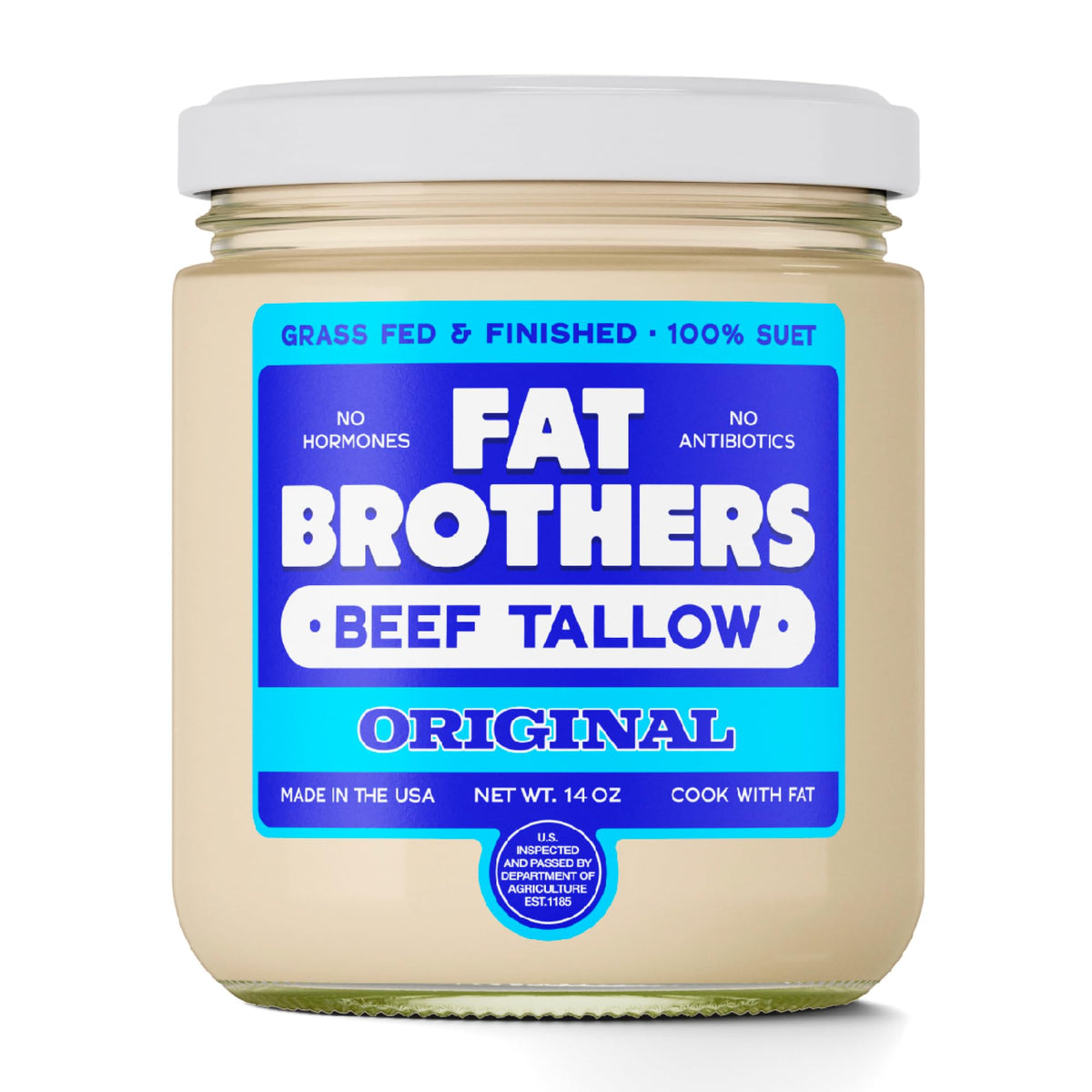 Fat Brothers front jar showing label and 14oz size benefit