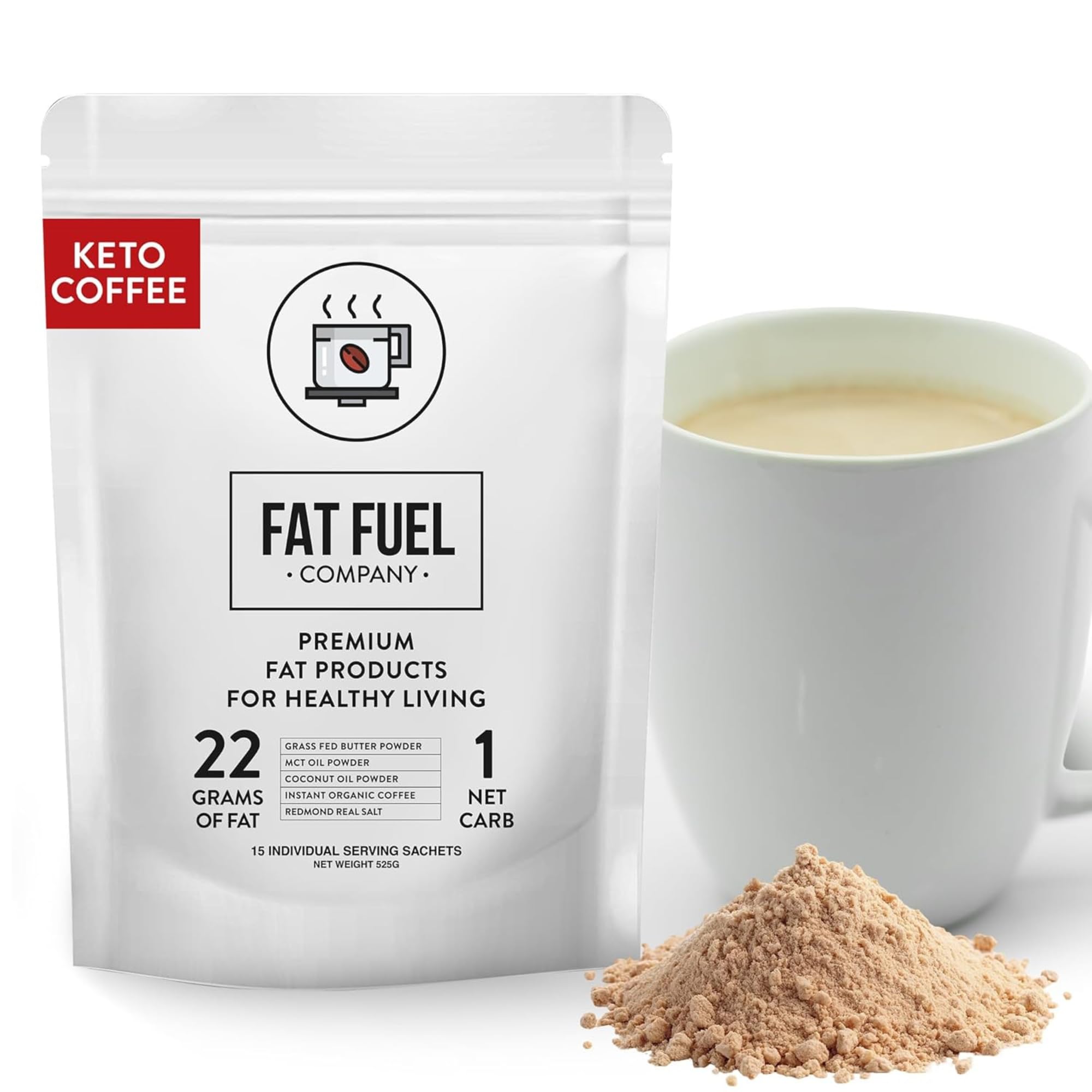 The Fat Fuel Company front packaging showing product branding and serving count benefits