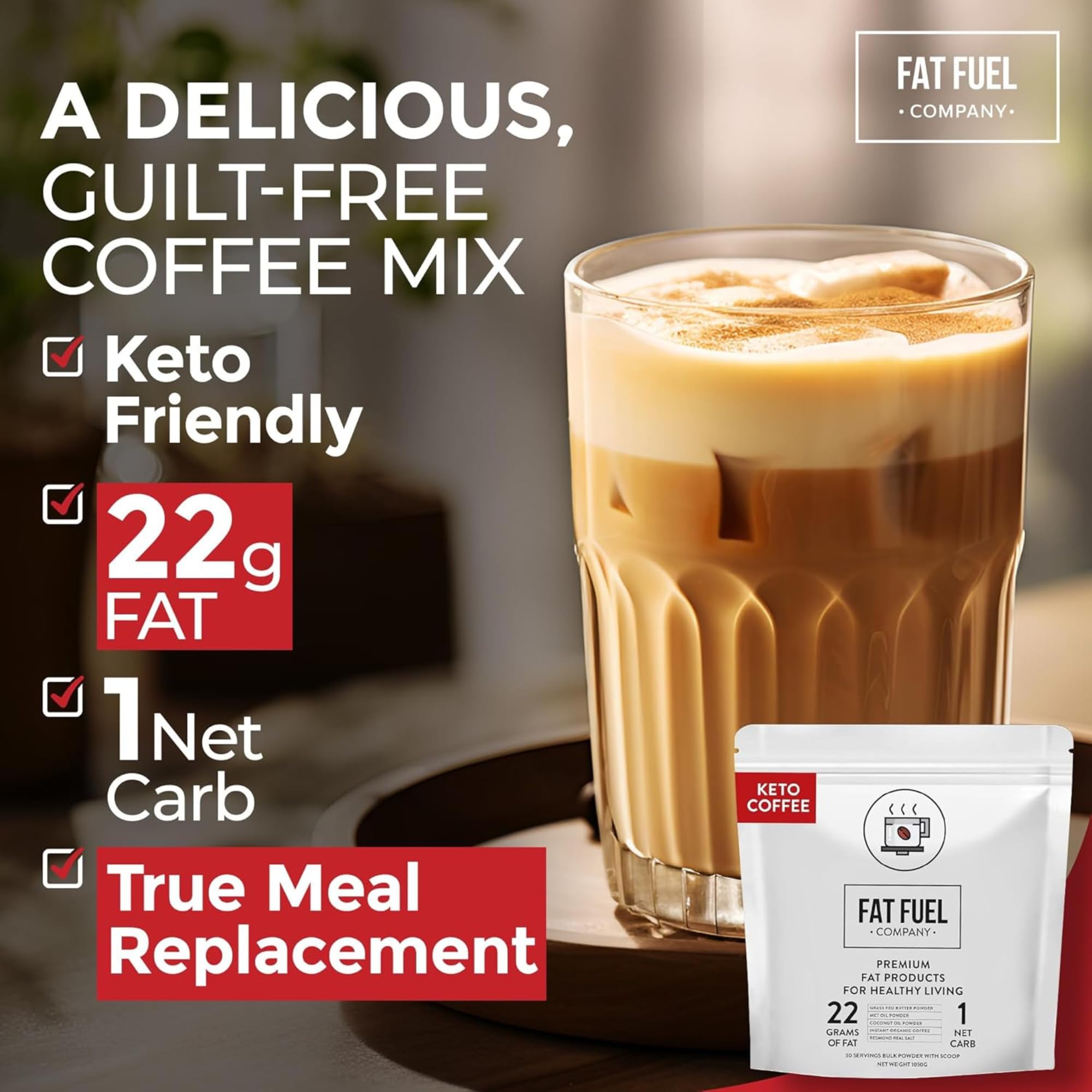 Iced FAT FUEL Keto Coffee in glass emphasizing refreshment and portability benefit