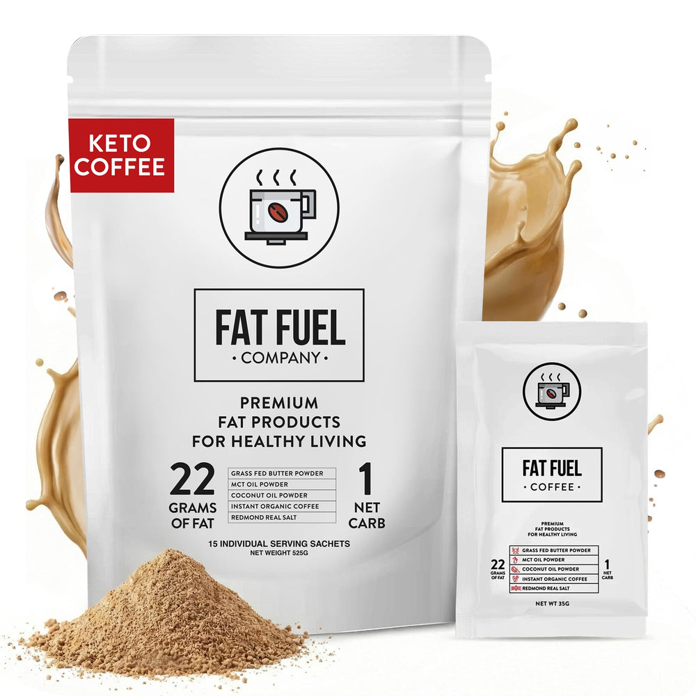 The Fat Fuel Company packet next to a measuring spoon showing portion control and serving size