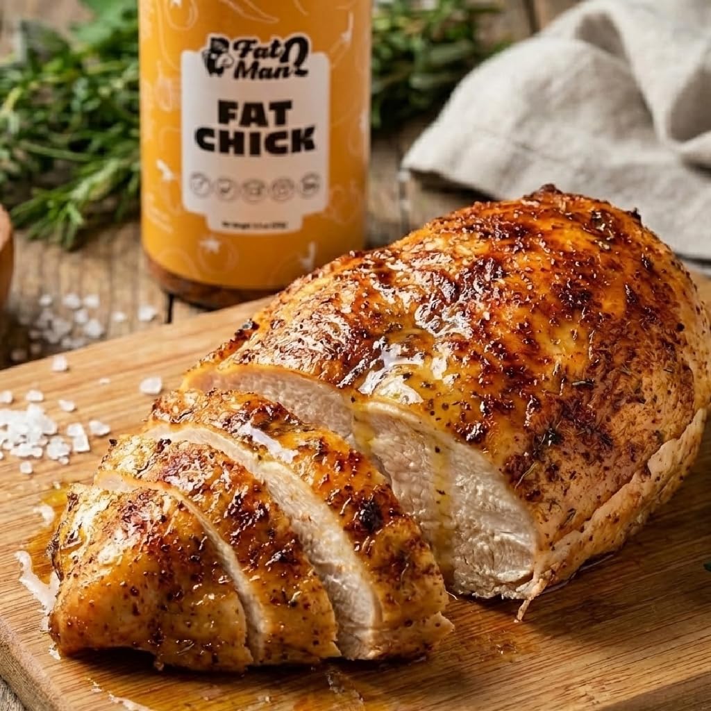 Fat Man Q seasoned roasted chicken highlighting caramelized sweet-savory crust