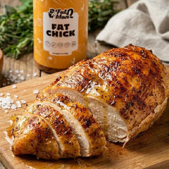 Fat Man Q seasoned roasted chicken highlighting caramelized sweet-savory crust