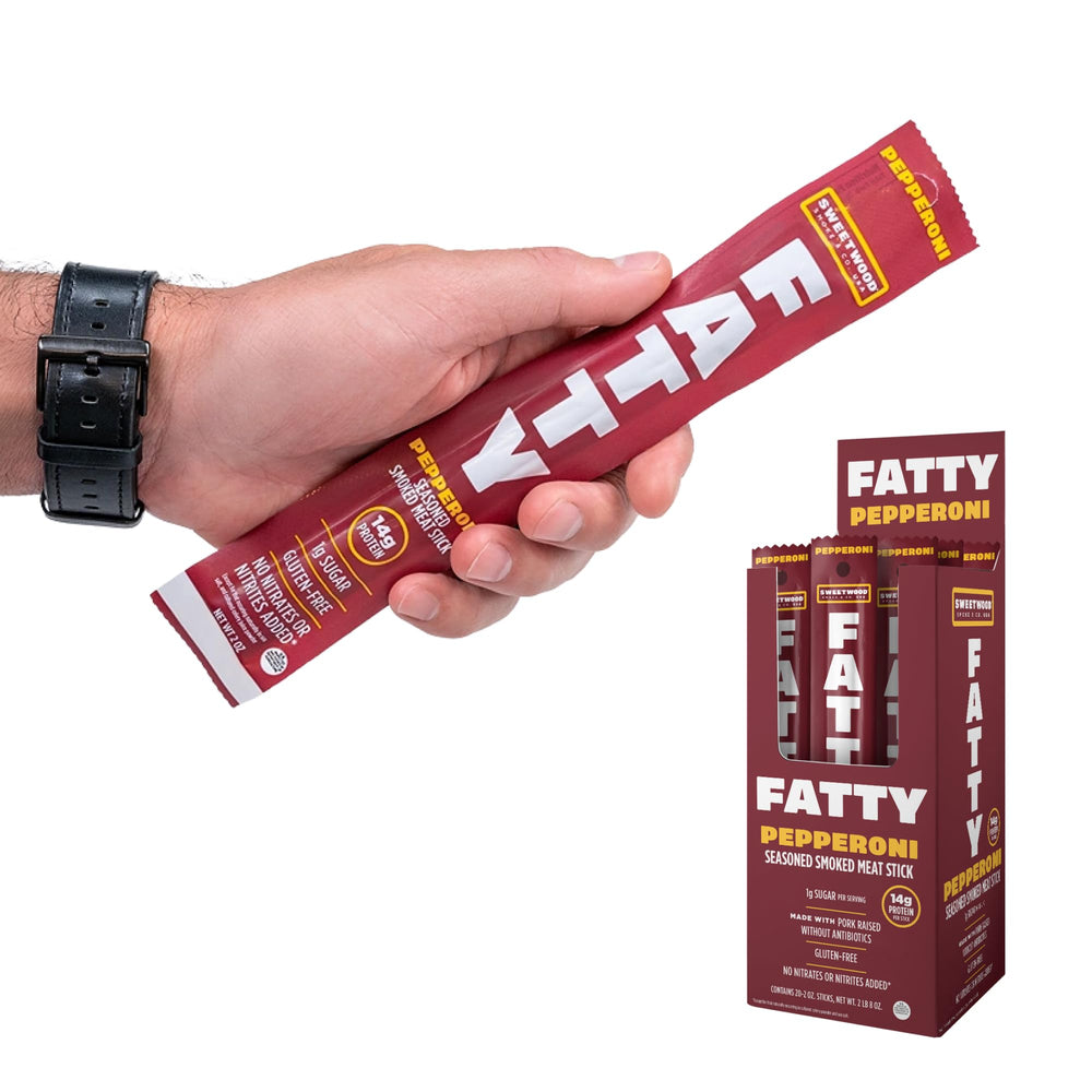 FATTY front packaging showing pepperoni flavor and 20-pack convenience, clear product benefit