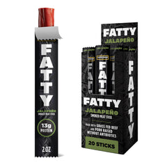 FATTY front packaging showing jalapeno meat sticks and bold branding benefit portability