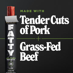 FATTY jerky stick held in hand to show true size and easy portioning