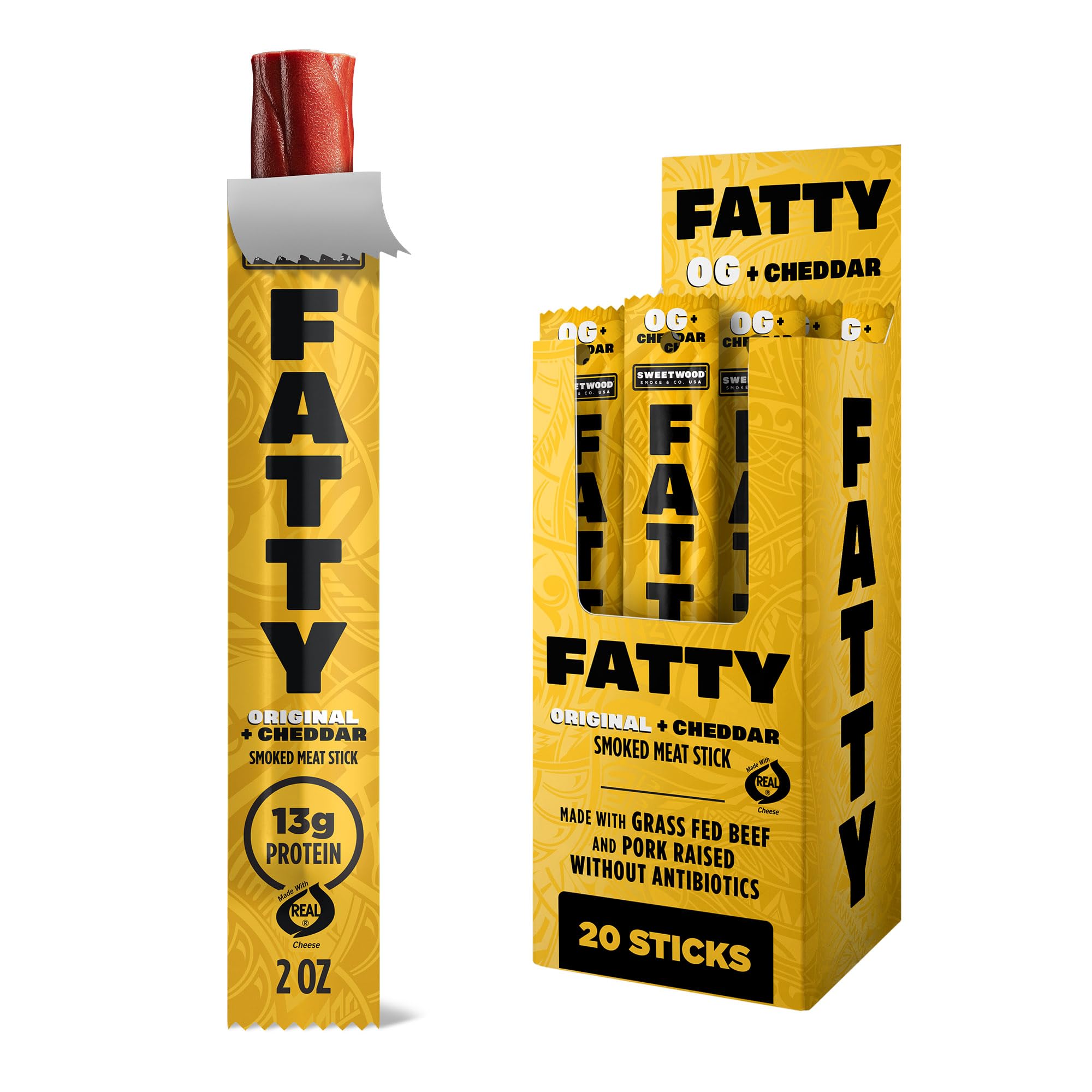 FATTY front packaging showing 20-pack and cheddar flavor benefit clarity