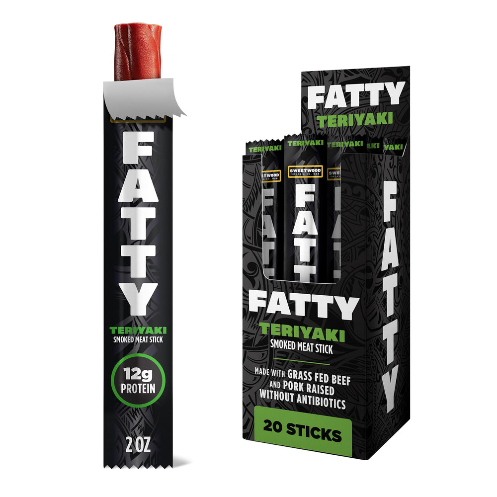 FATTY front packaging showing teriyaki sticks and benefits