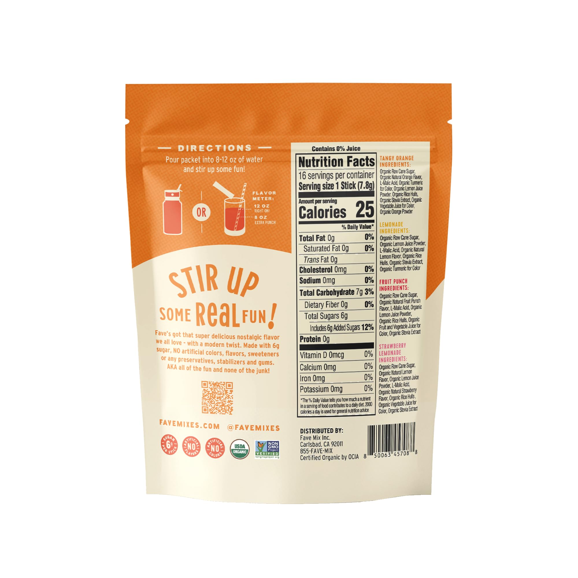 Fave Mix Inc. single-serve stick close-up ready to tear and pour