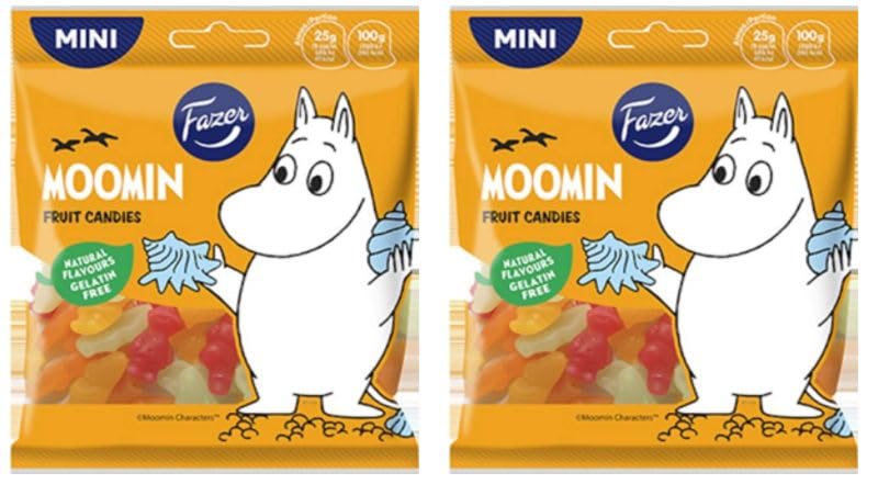 Fazer front packaging showing Moomintroll and Little My, playful snack appeal