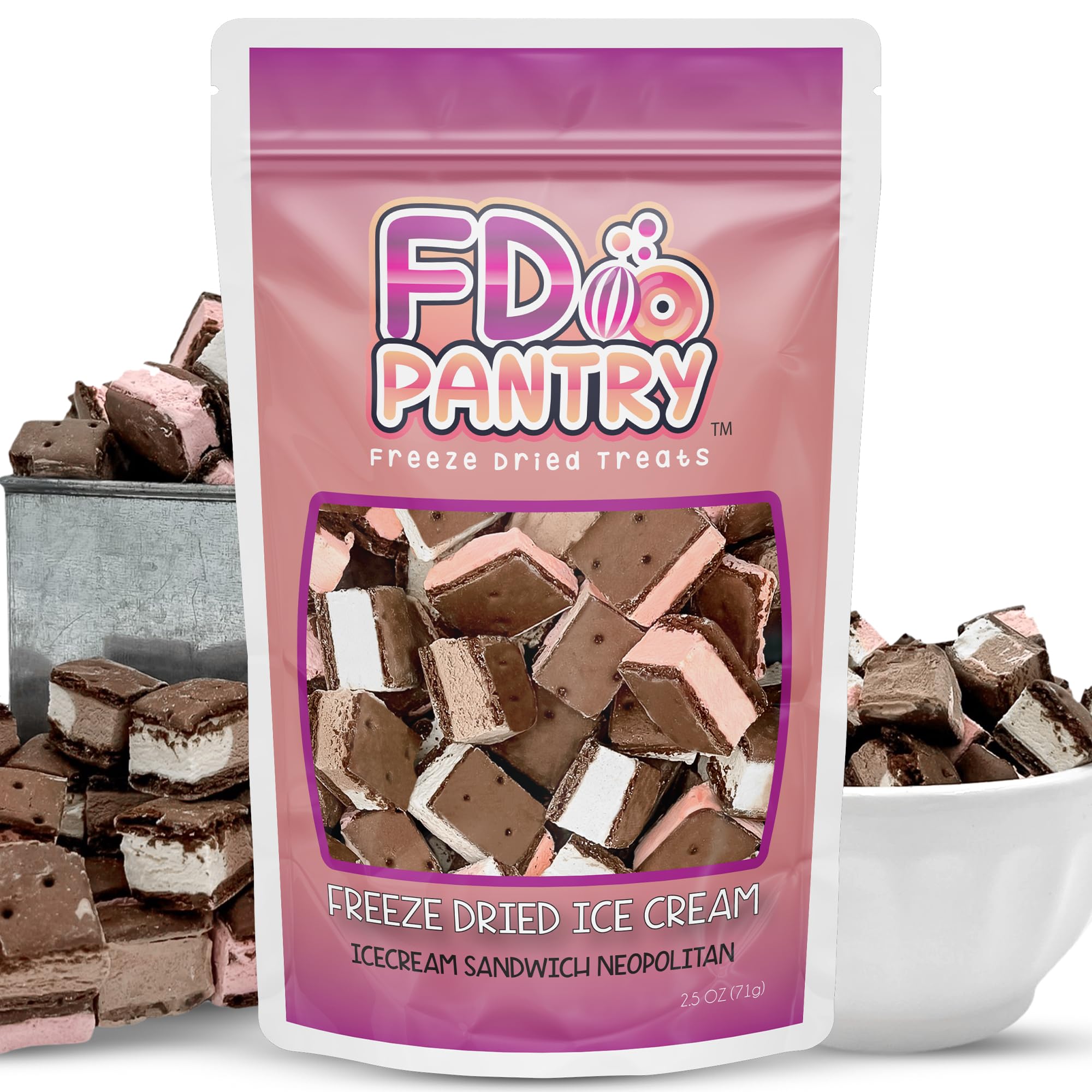 FD Pantry front packaging showing resealable bag and Neapolitan branding benefits portability