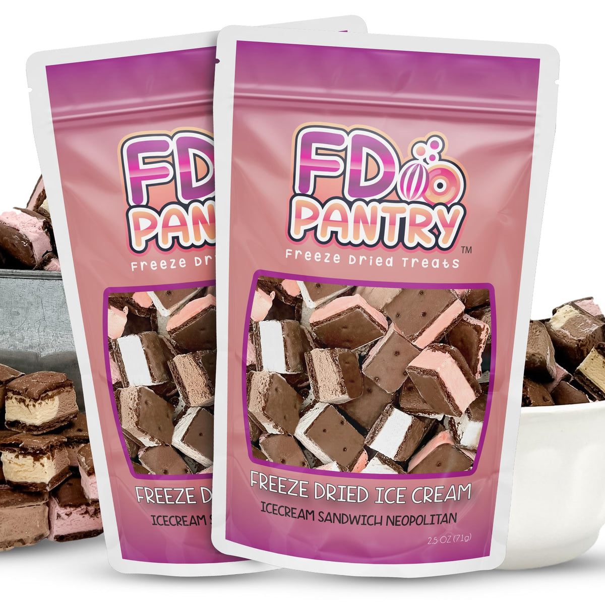 FD Pantry front packaging showing two resealable Neapolitan bags and convenient portioning