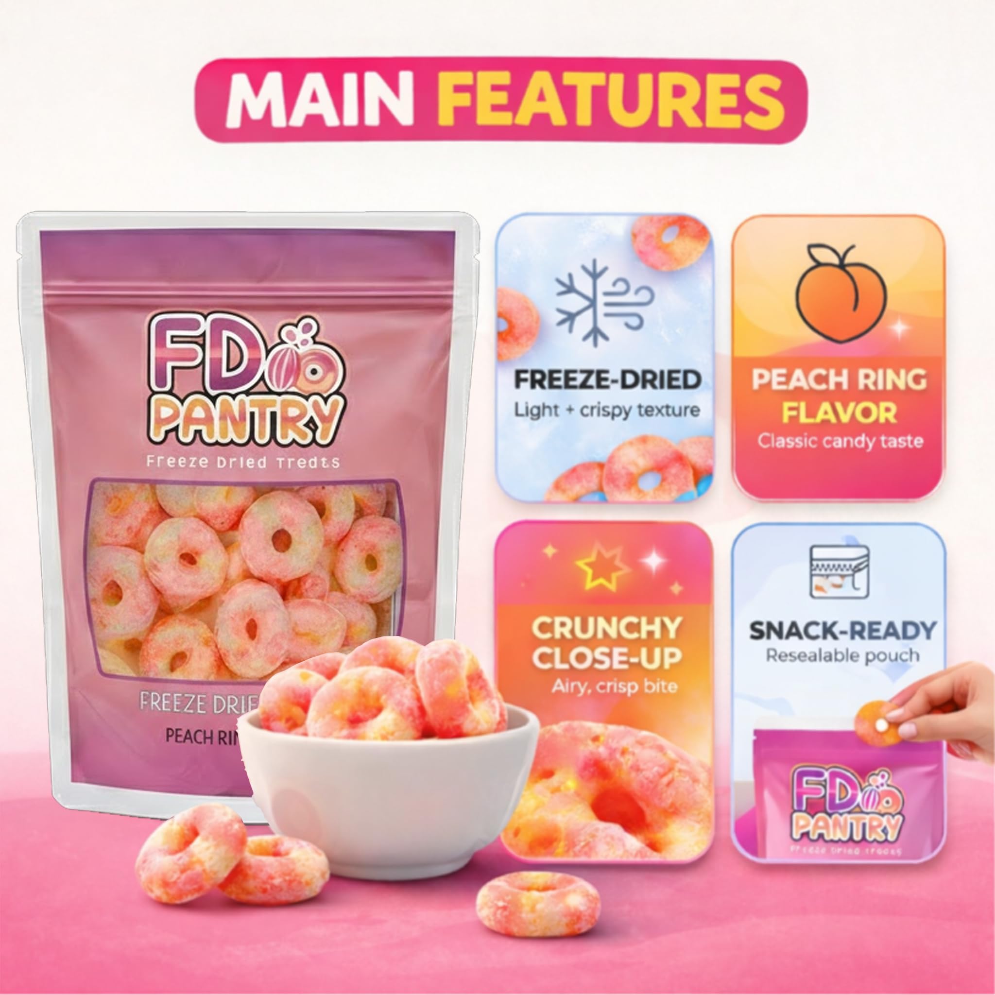 FD Pantry close-up of peach ring texture showing crunchy, airy freeze-dried surface
