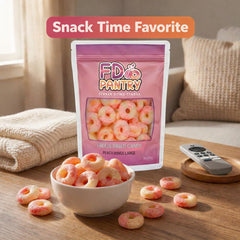 FD Pantry peach rings in hand to show scale, perfect portable snack portion