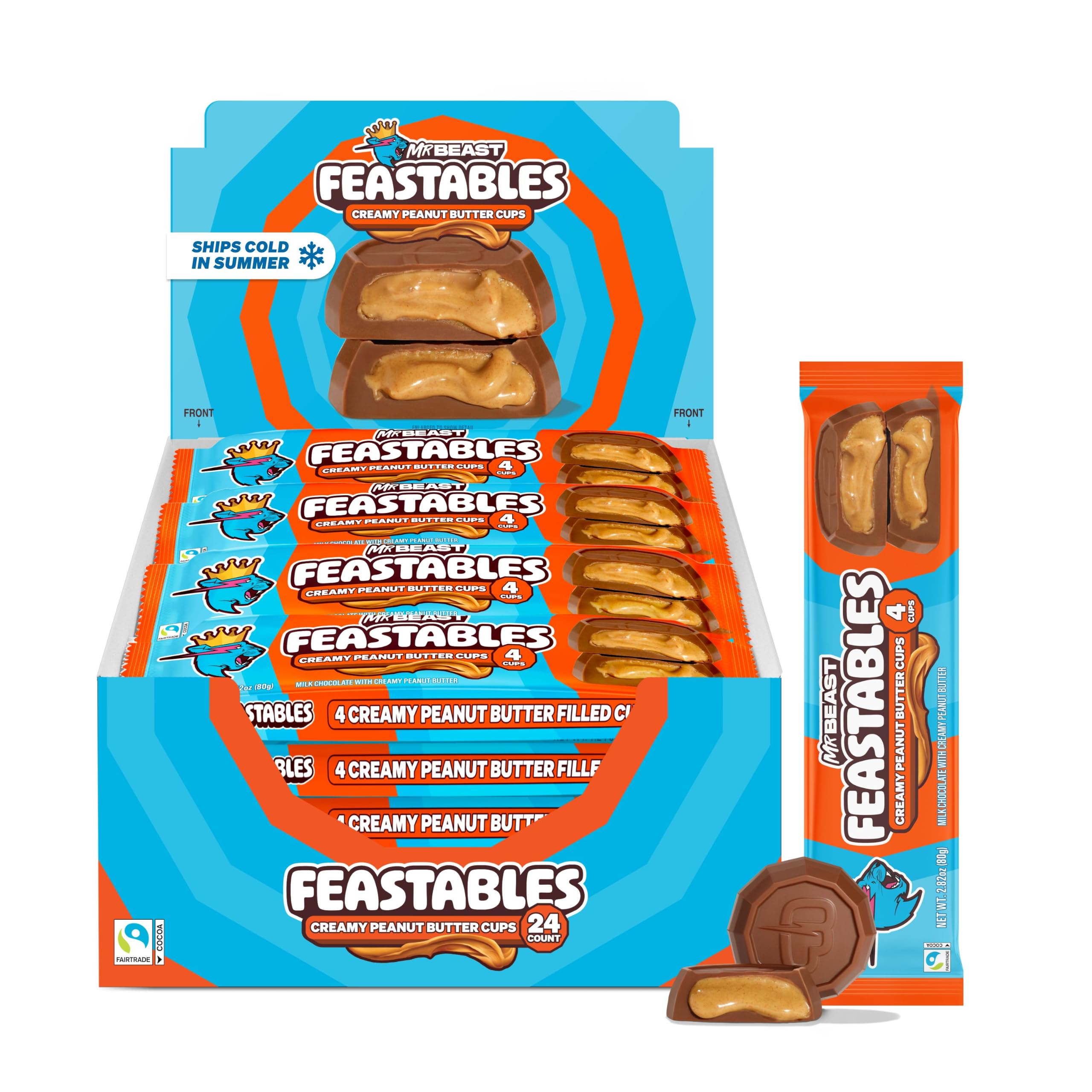 Feastables front packaging showing box of 24 packs, clear portioning benefit