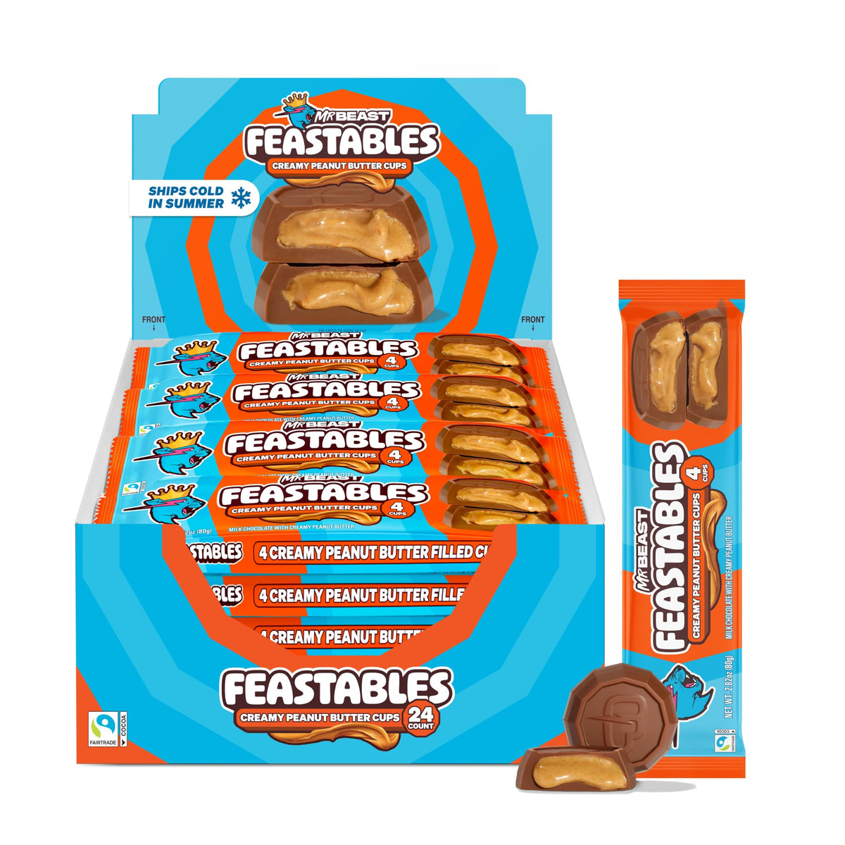 Feastables front packaging showing box of 24 packs, clear portioning benefit