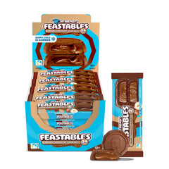 Feastables front packaging showing box with 24 two-cup packs and clear branding benefits portioning