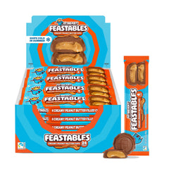 Feastables front packaging showing box of 24 packs, clear portioning benefit