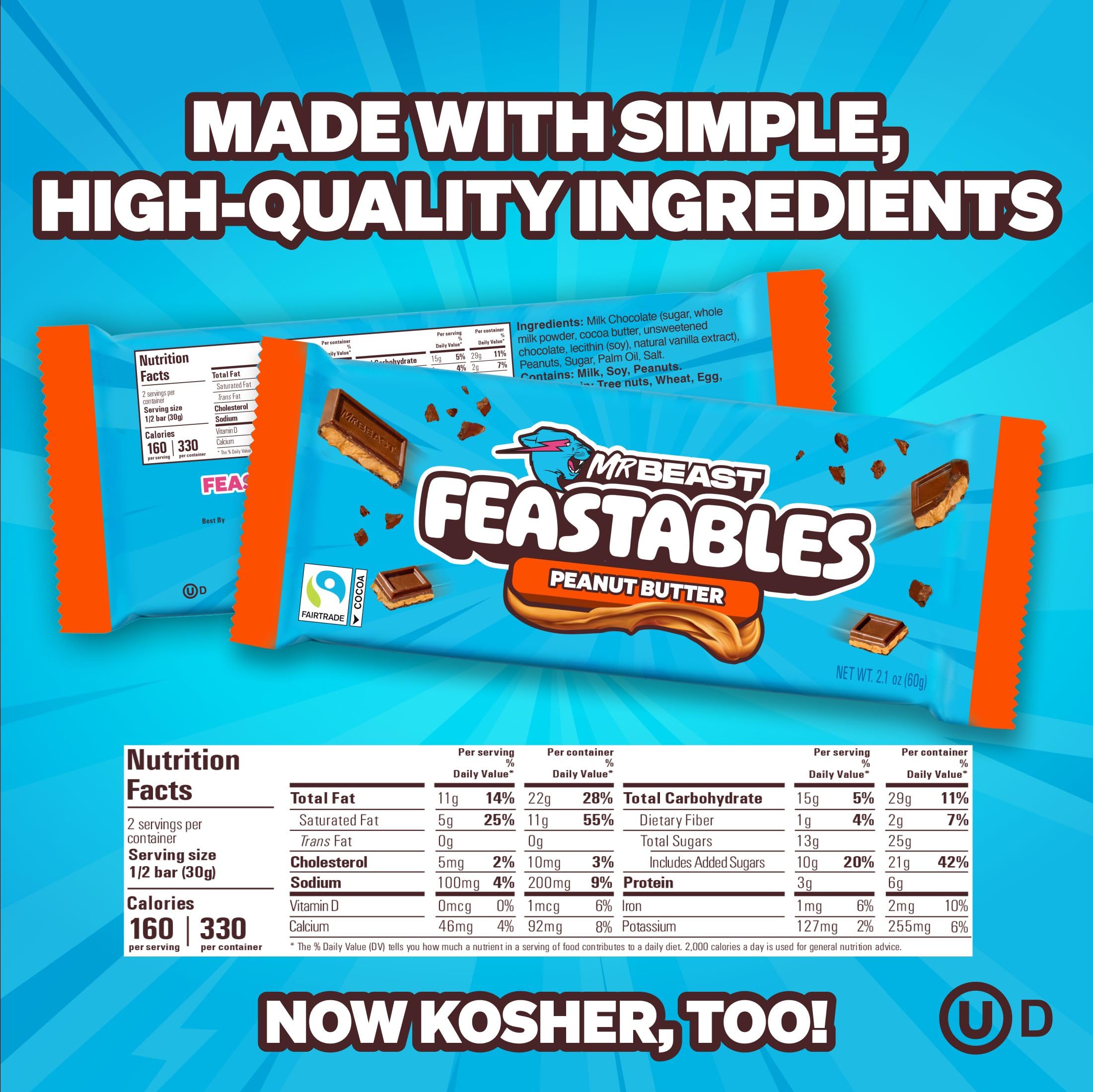 Feastables MrBeast Fairtrade label close-up signaling ethical cocoa sourcing