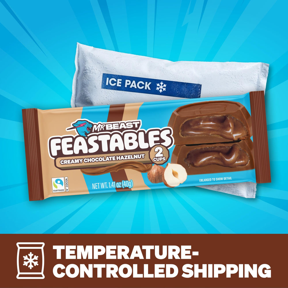 Feastables opened two-cup pack displaying two chocolate cups ready to eat for convenience