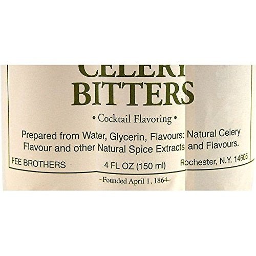 Fee Brothers celery bitters poured into a Bloody Mary garnished with celery stalk for enhanced savory balance