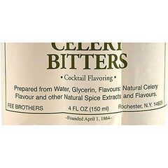 Fee Brothers celery bitters poured into a Bloody Mary garnished with celery stalk for enhanced savory balance