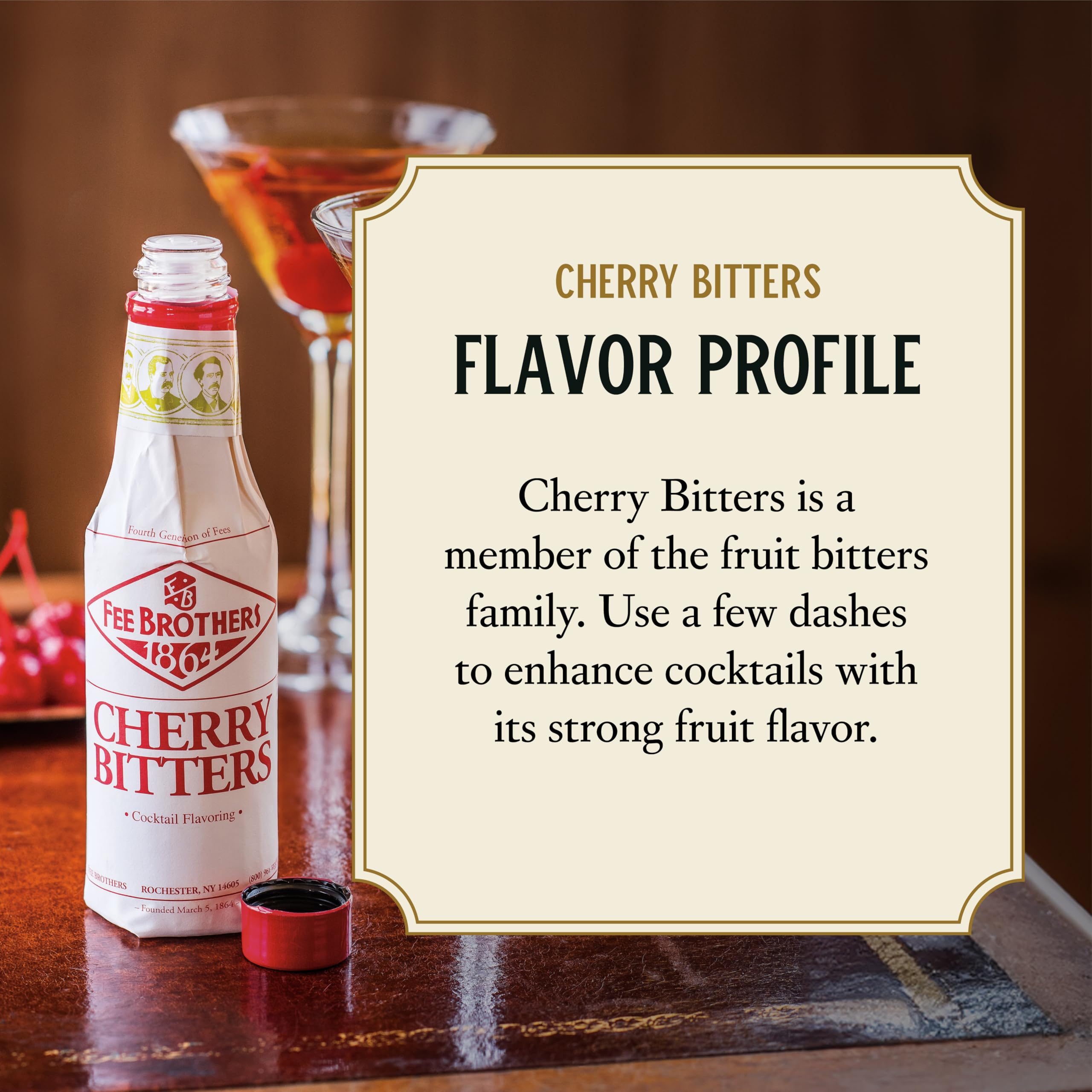Fee Brothers cherry bitters close-up texture showing deep red liquid richness