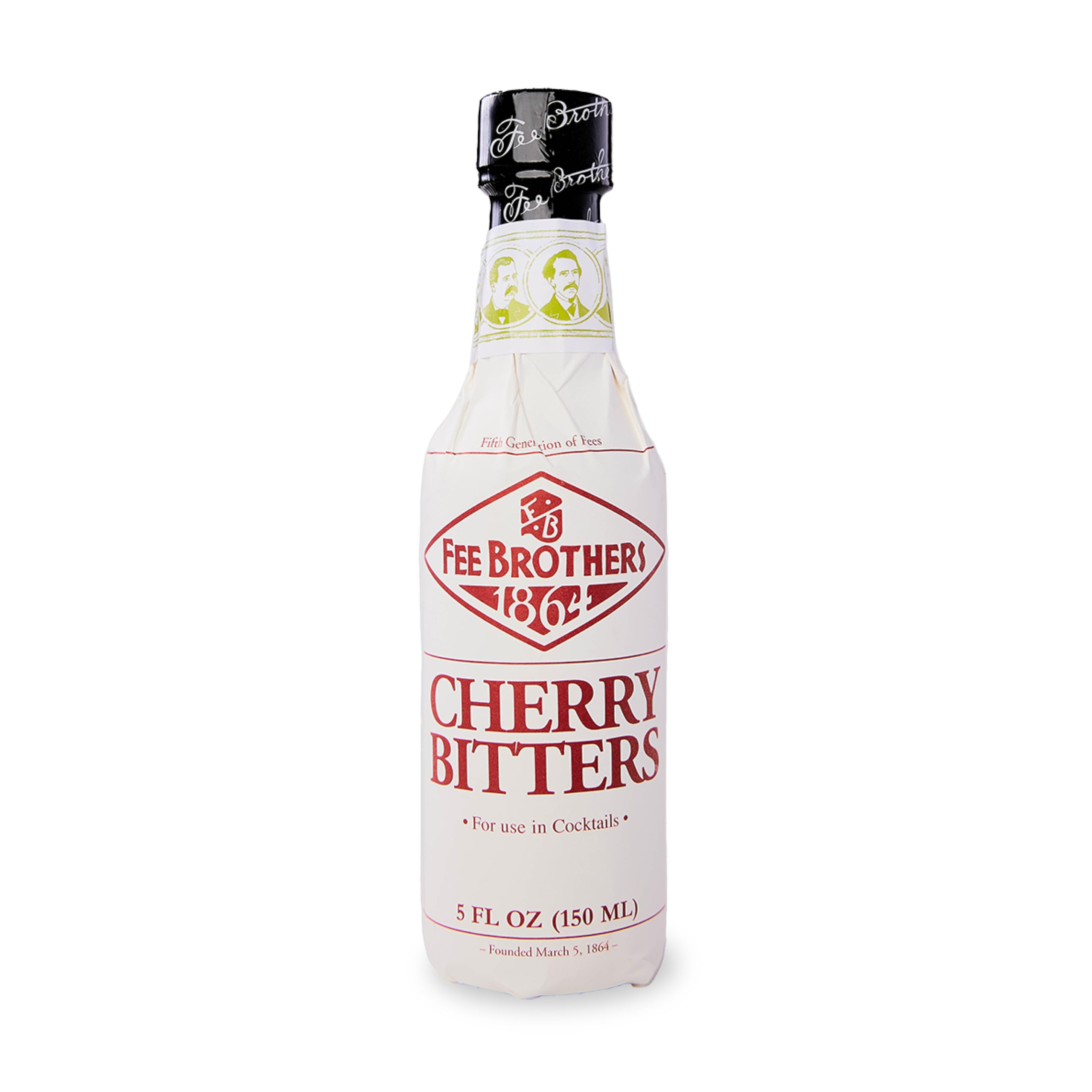 Fee Brothers front bottle view showing cherry bitters branding and size benefits