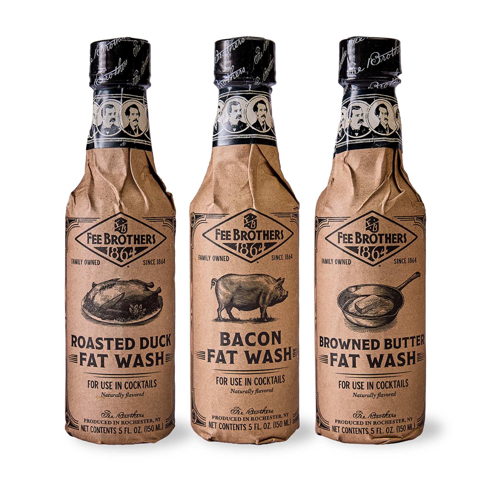 Fee Brothers front packaging of fat wash trio showing all three bottles and benefits