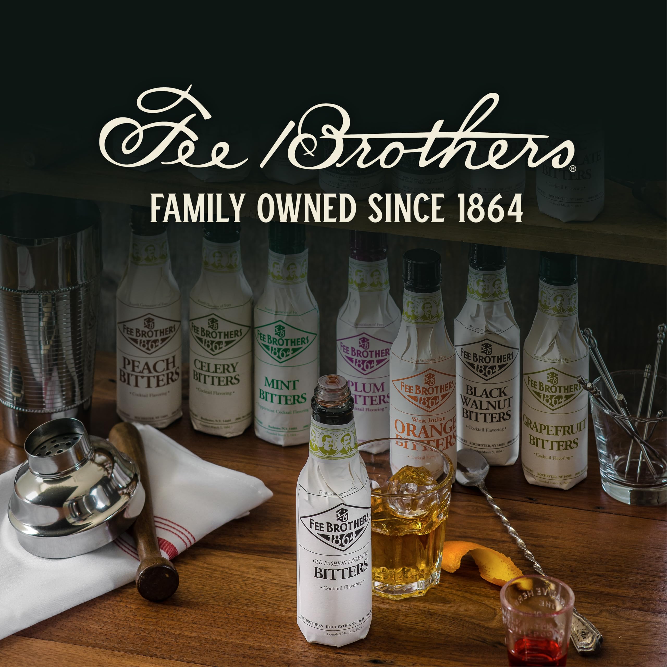 Home bar scene with Fee Brothers grapefruit bitters demonstrating creative cocktail use