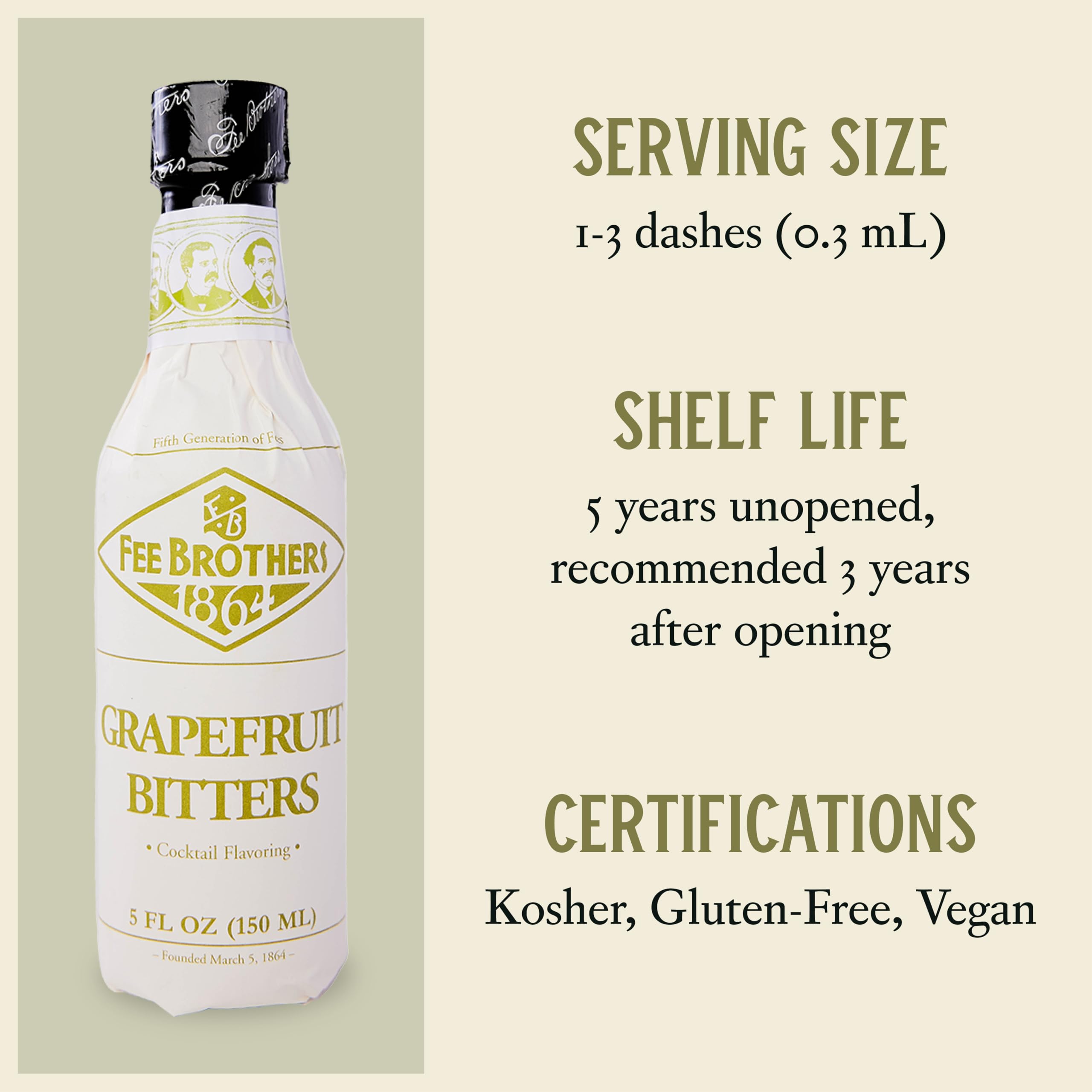 Fee Brothers 150ml bottle next to measuring jigger illustrating real-world size