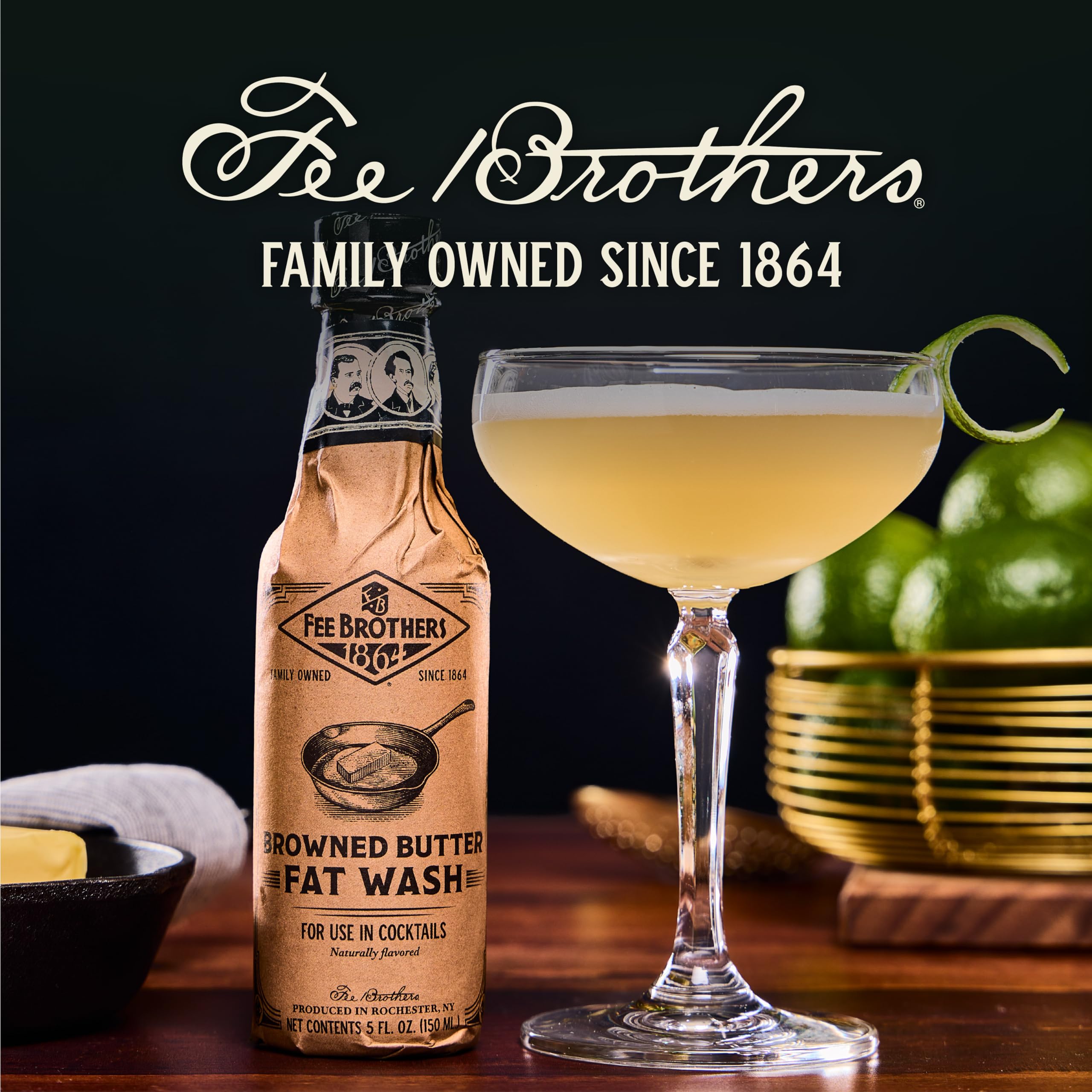 Styled home bar scene featuring Fee Brothers bottle to convey bartender confidence and versatility