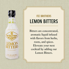 Fee Brothers lemon bitters close-up of glass bottle highlighting textured label and quality