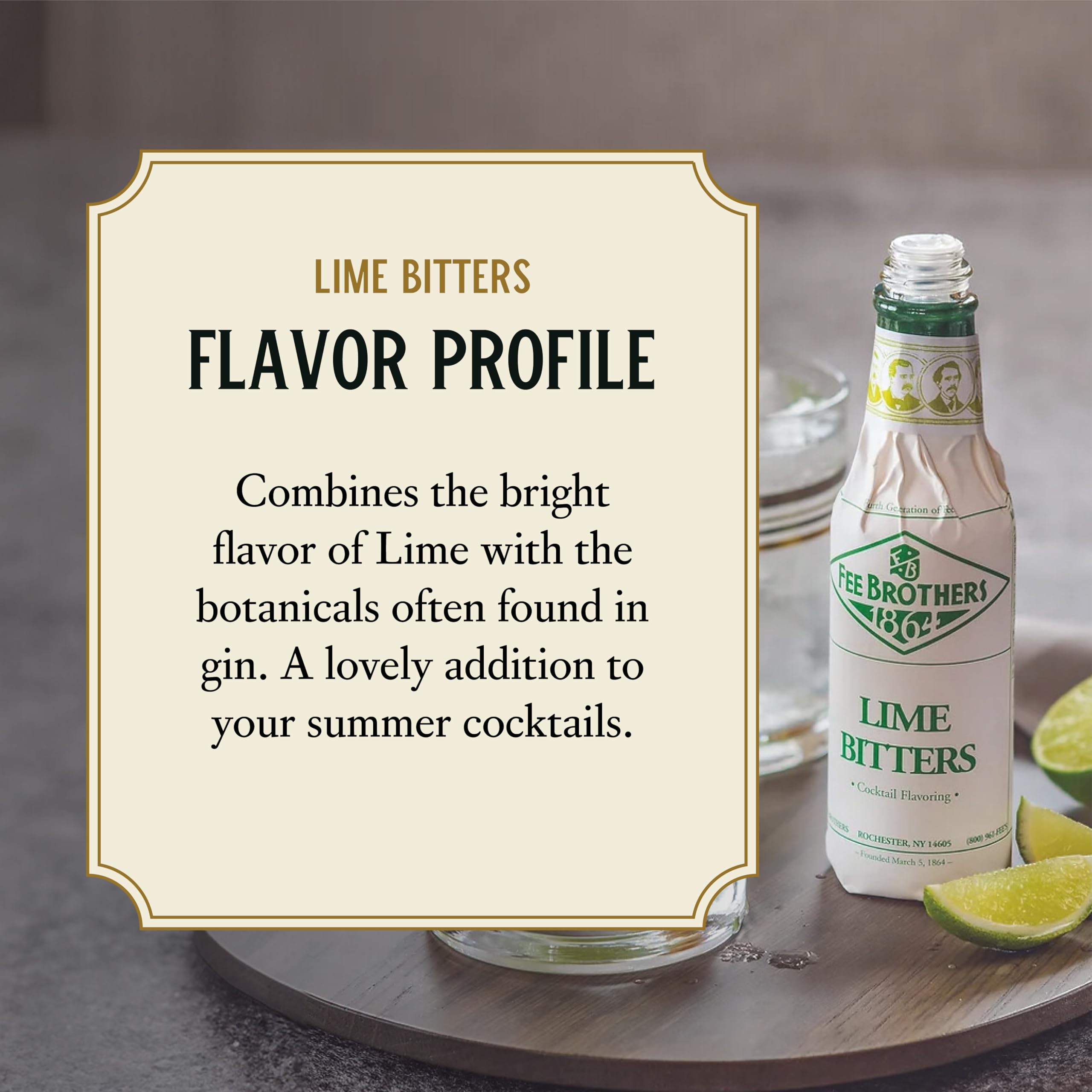 Fee Brothers lime bitters used in a served cocktail adding aroma benefit