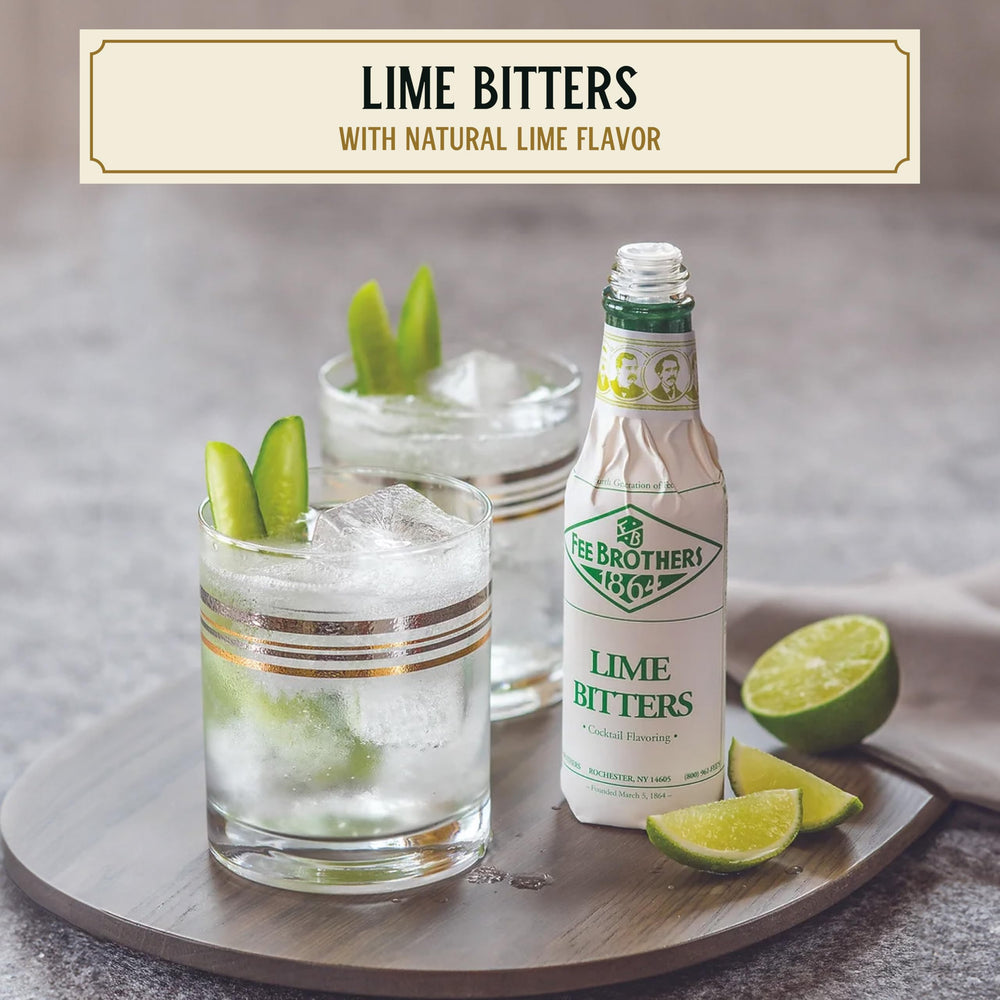 Fee Brothers label close-up highlighting botanical lime flavor benefit