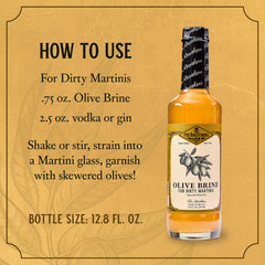 Fee Brothers olive brine poured into jigger, delivering precise measurement and consistent taste