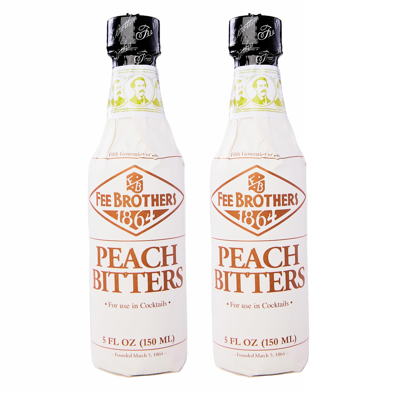 Fee Brothers peach bitters front packaging showing bottle and brand benefit of flavor
