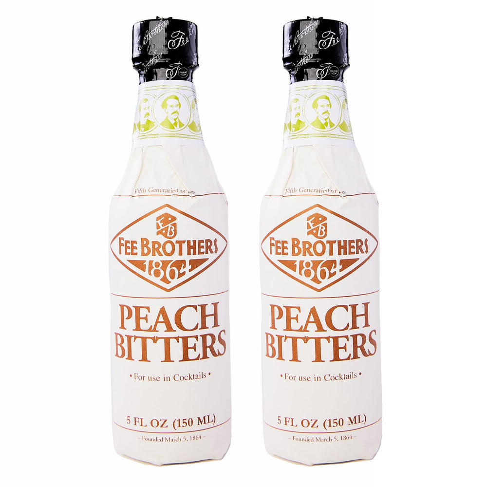 Fee Brothers peach bitters front packaging showing bottle and brand benefit of flavor