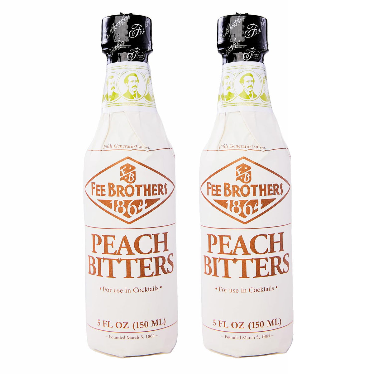 Fee Brothers peach bitters front packaging showing bottle and brand benefit of flavor