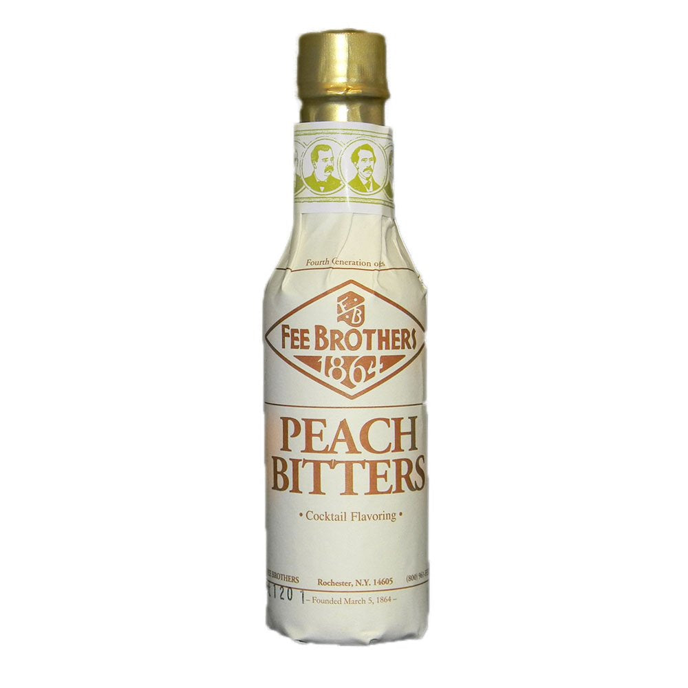 Fee Brothers bottle front label showing peach bitters and clear benefit