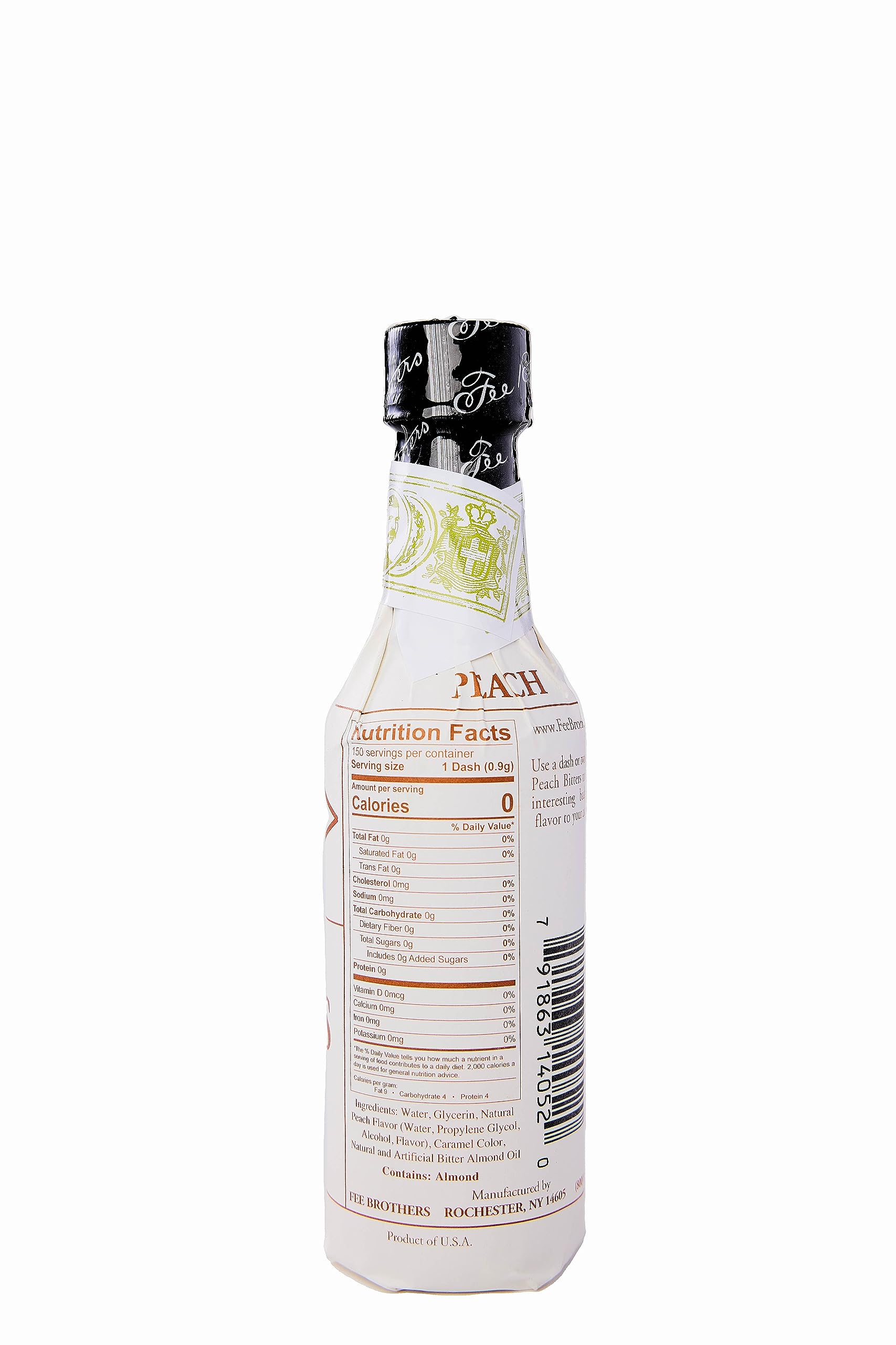 Fee Brothers bottle label close-up highlighting peach aroma and precise dosing benefit