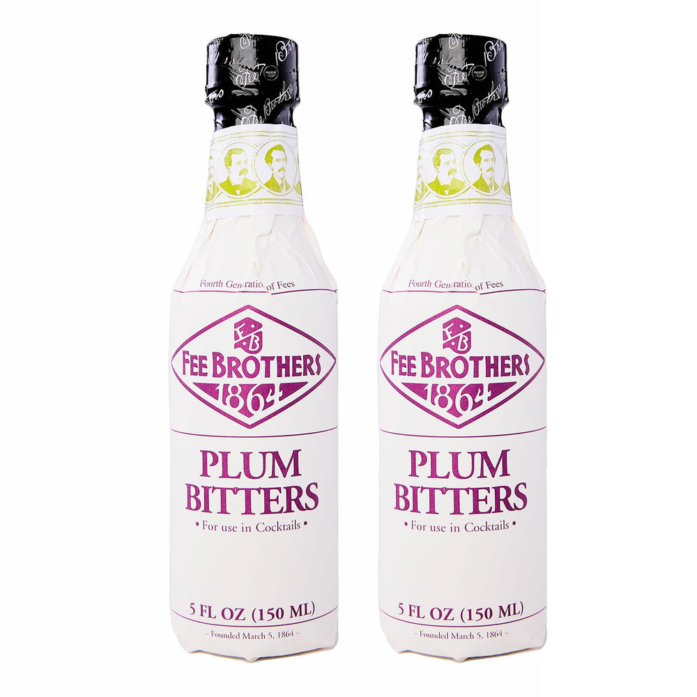 Fee Brothers front packaging showing two 5 oz plum bitters bottles and clear labeling for easy identification