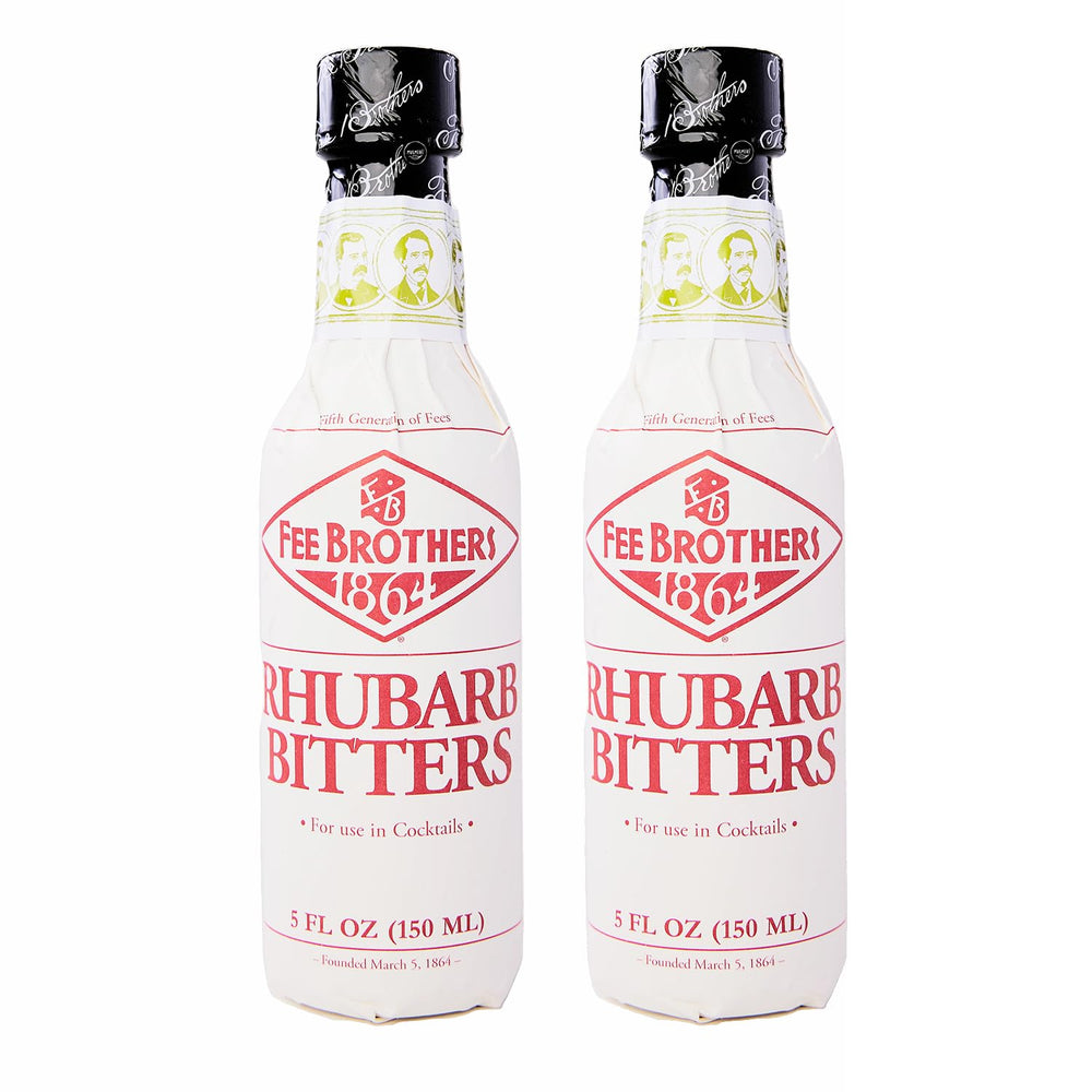Fee Brothers rhubarb bitters front bottle view showing label and size, ideal for cocktail use